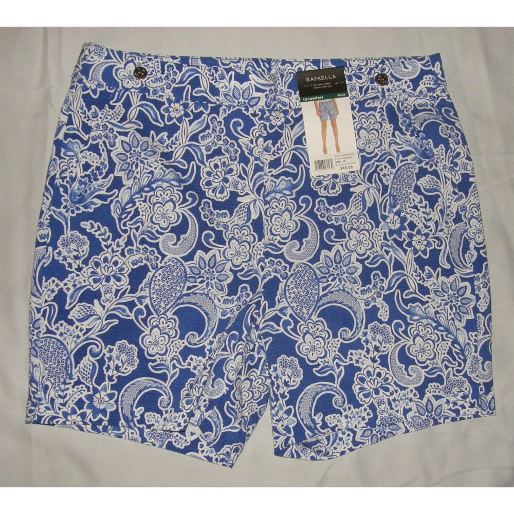 NEW NWT Blue Floral & Paisley Sz 18 Casual Wear Stretchy Pull On Shorts RAFAELLA